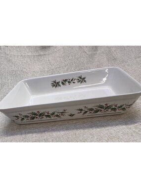 Earthenware Holly Yuletide Lasagna Dish Vintage Bradlees Christmas Orig Box